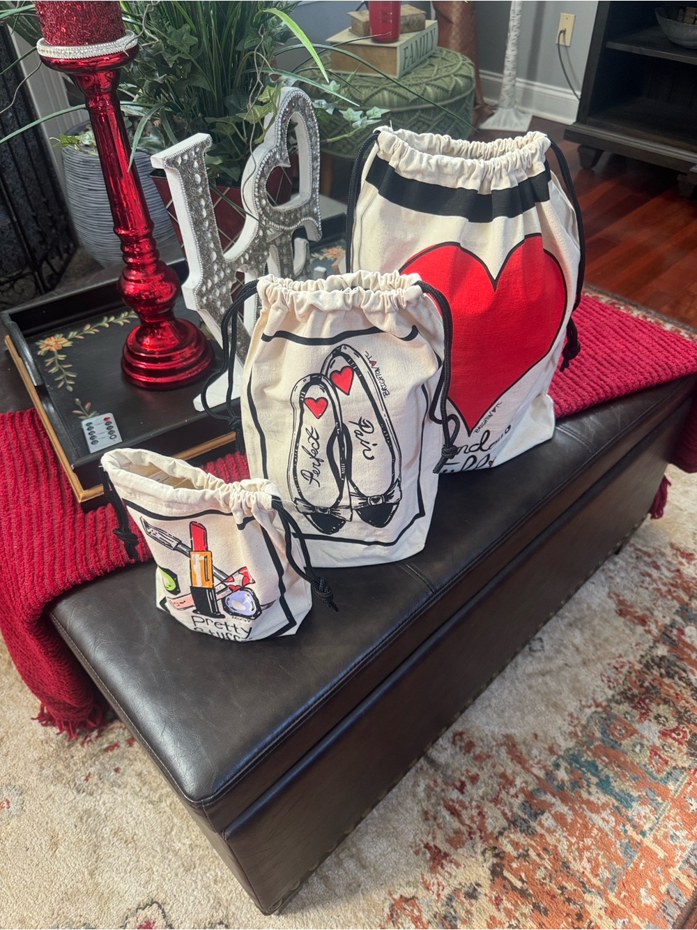 Brighton Cream Drawstring Cosmetic Bag Trio with Red Heart and Black Trim